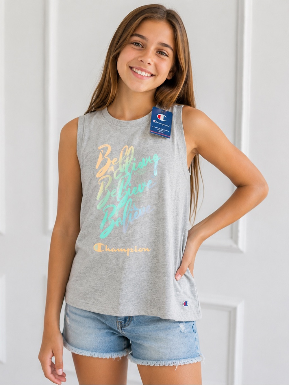 Champion Light Gray Tank with Pastel Rainbow Script